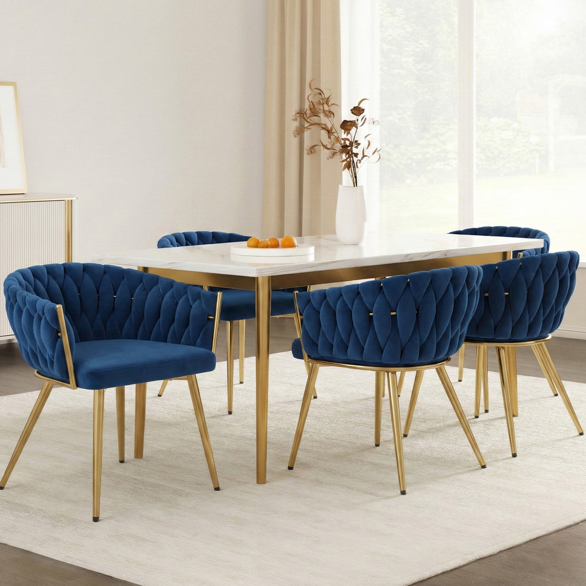 1 Set of 4 Artiss Dining Chairs Velvet Weaving Armchair Blue