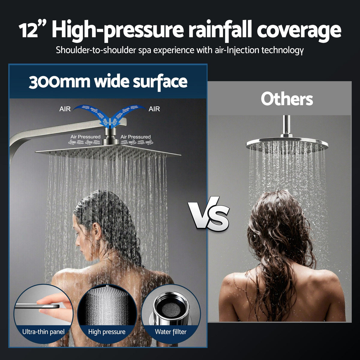 12" Rain Shower Head Set with 3-Mode Handheld Brass High Pressure WELS Chrome