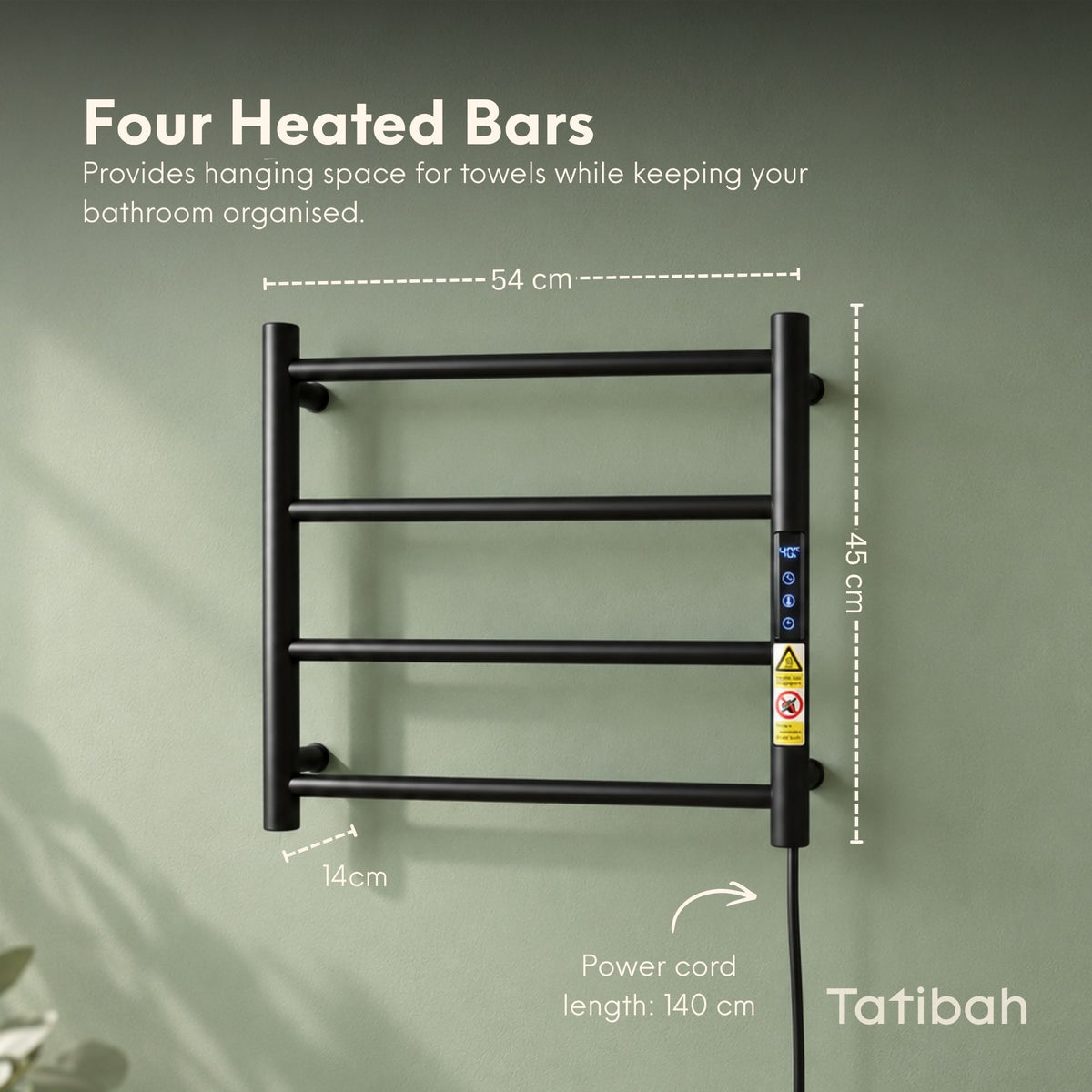 Tatibah Heated Towel Racks - Electric Warming Rails + Timer Matte Black