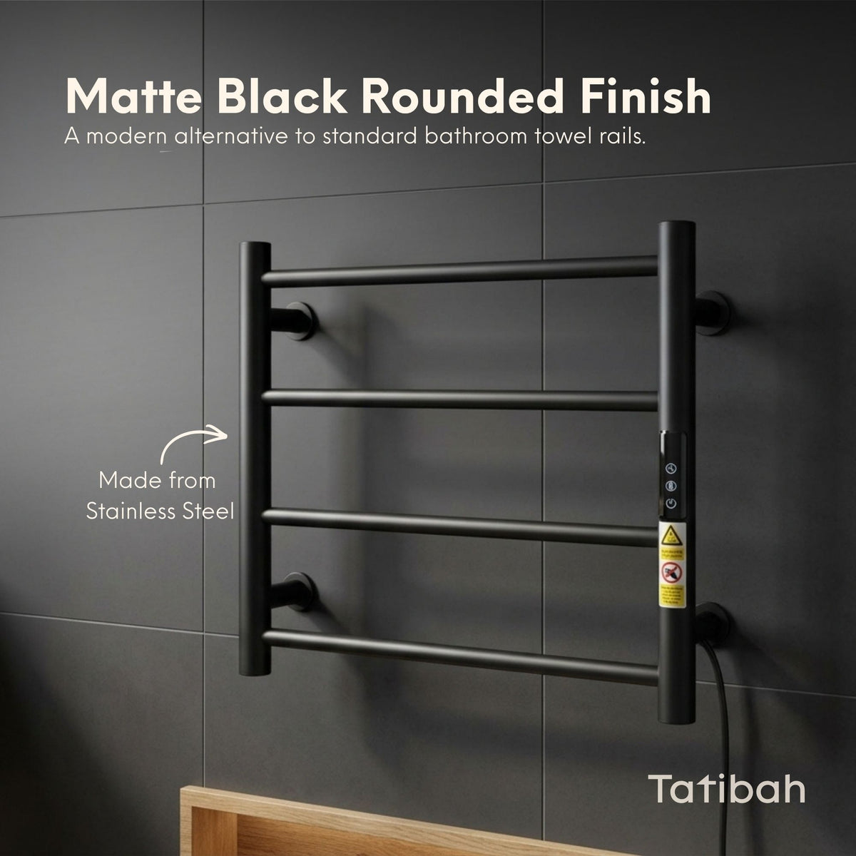 Tatibah 4 Bar Heated Towel Rack Electric Warming Rails + Timer Matte Black