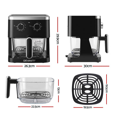 Devanti 4.5L Glass Air Fryer Kitchen Oven Knob Control 1350W Healthy Cooker Black