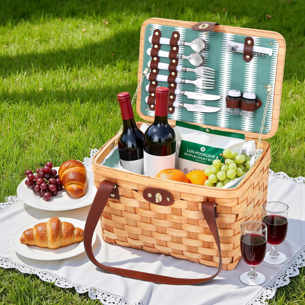 Alfresco 2 Person Picnic Basket Set Wooden Cooler Bag Plates Outdoor Insulated