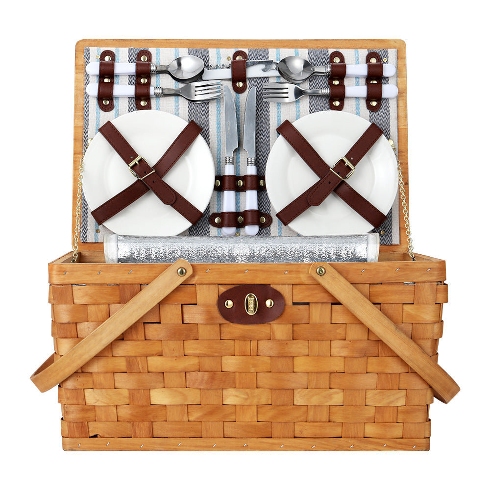 Alfresco 4 Person Picnic Basket Set Wooden Blanket Cooler Bag Outdoor Insulated