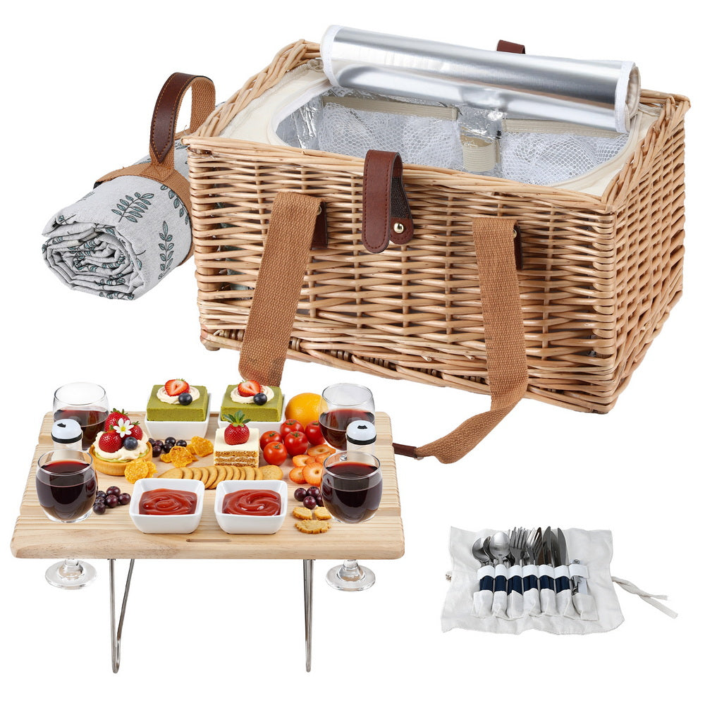 Alfresco 4 Person Picnic Basket Set with Table Blanket Cooler Wooden Insulated