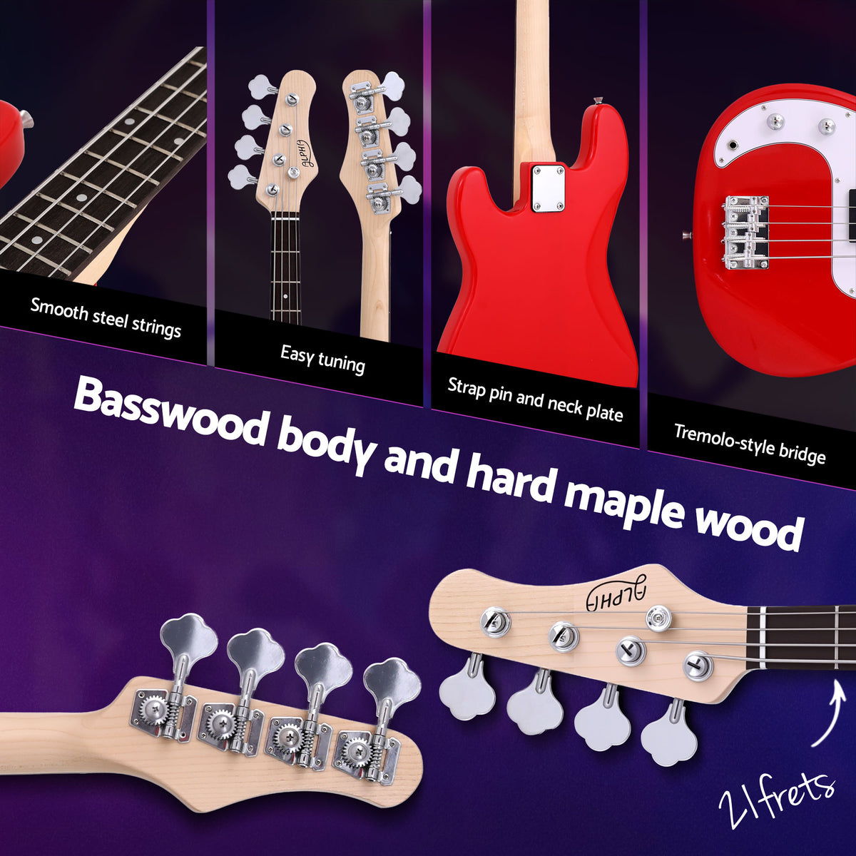 Alpha Electric Guitar Bass 47 Inch Set Kit 40W Bass Guitar Amplifier Guitar Stand Folding