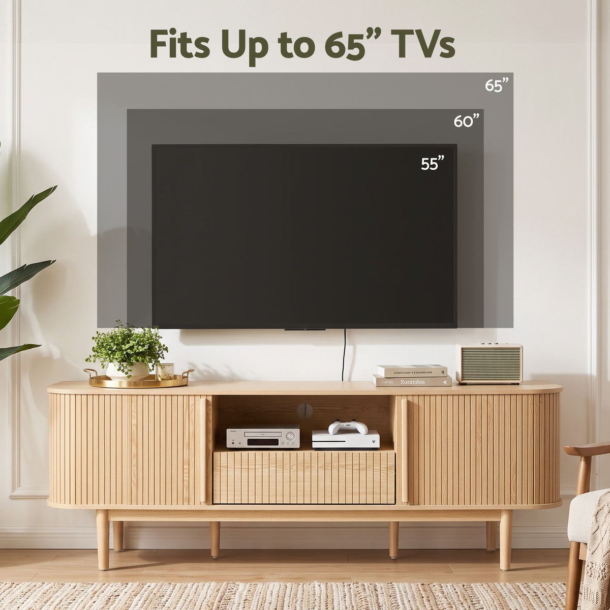 Artiss 160cm TV Unit Storage Drawer Curved Edge Sliding Fluted Style Door Pine