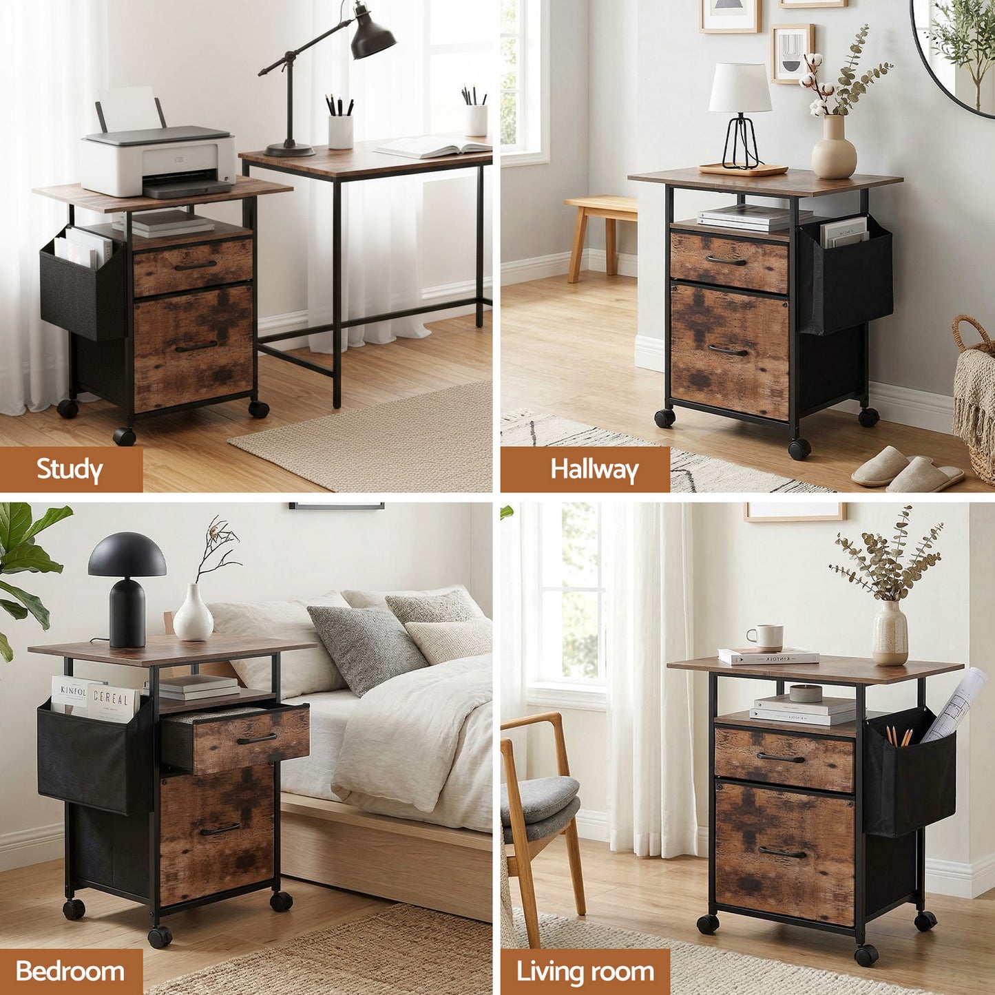 Artiss 2 Fabric Drawer File Cabinet Printer Stand Rolling File Cabinet with Side Bag