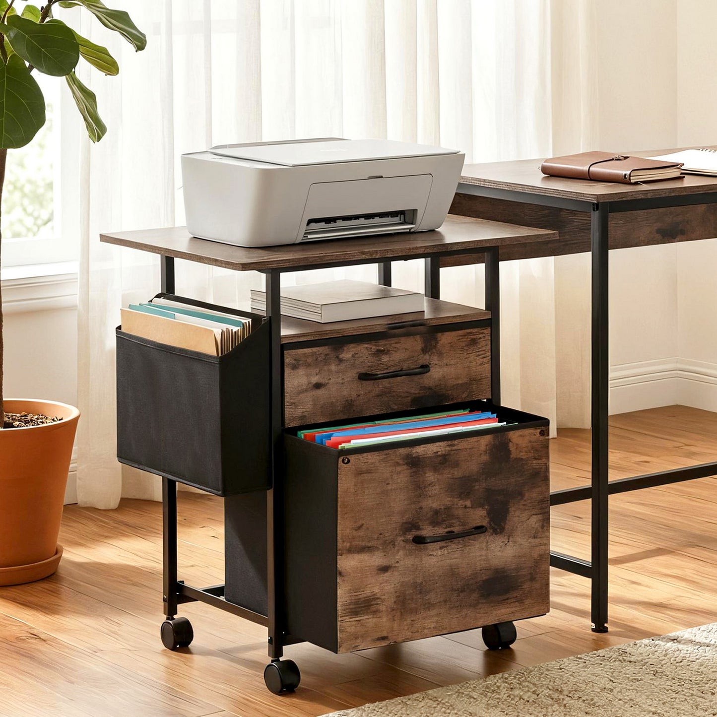 Artiss 2 Fabric Drawer File Cabinet Printer Stand Rolling File Cabinet with Side Bag