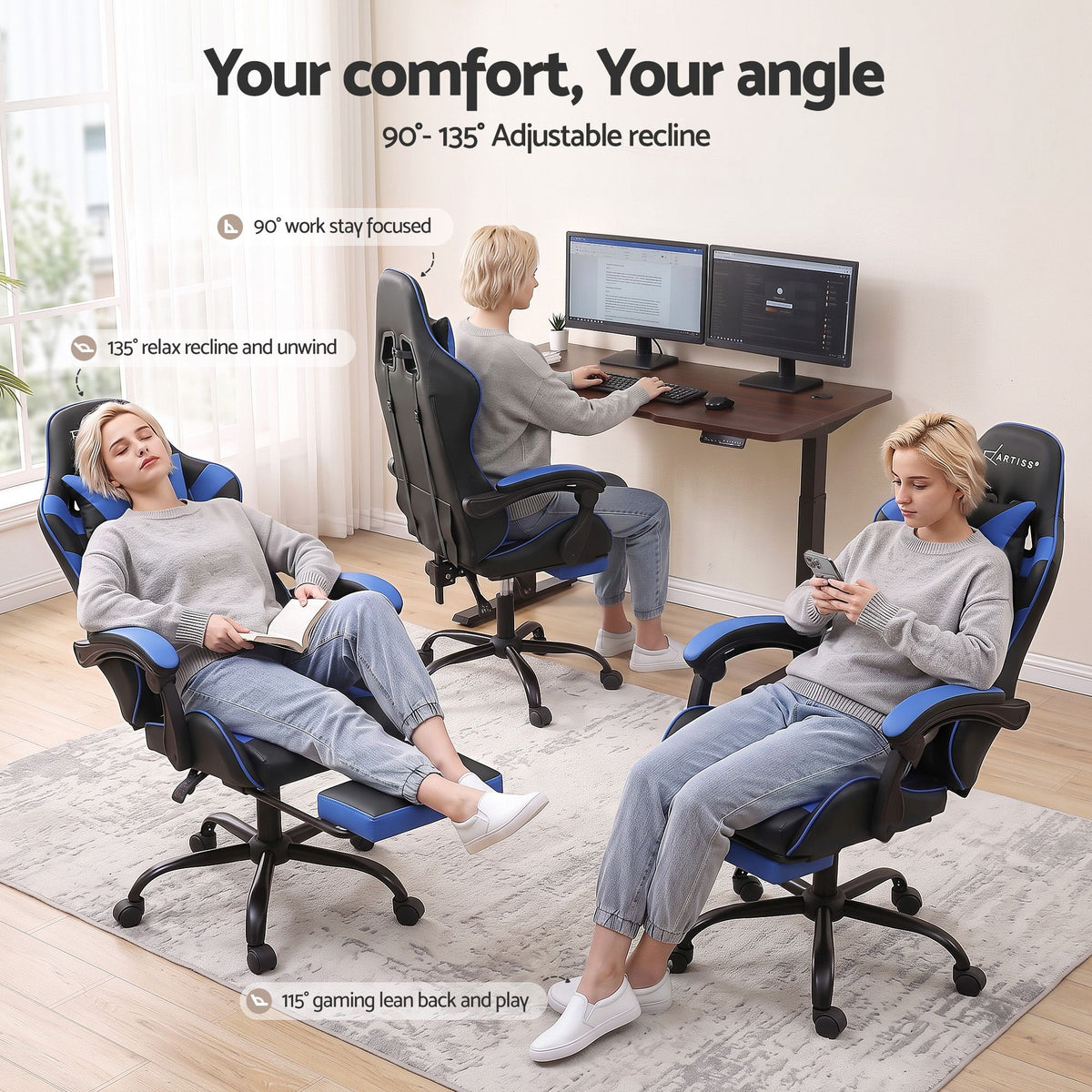Artiss 2 Point Massage Gaming Office Chair Footrest Blue