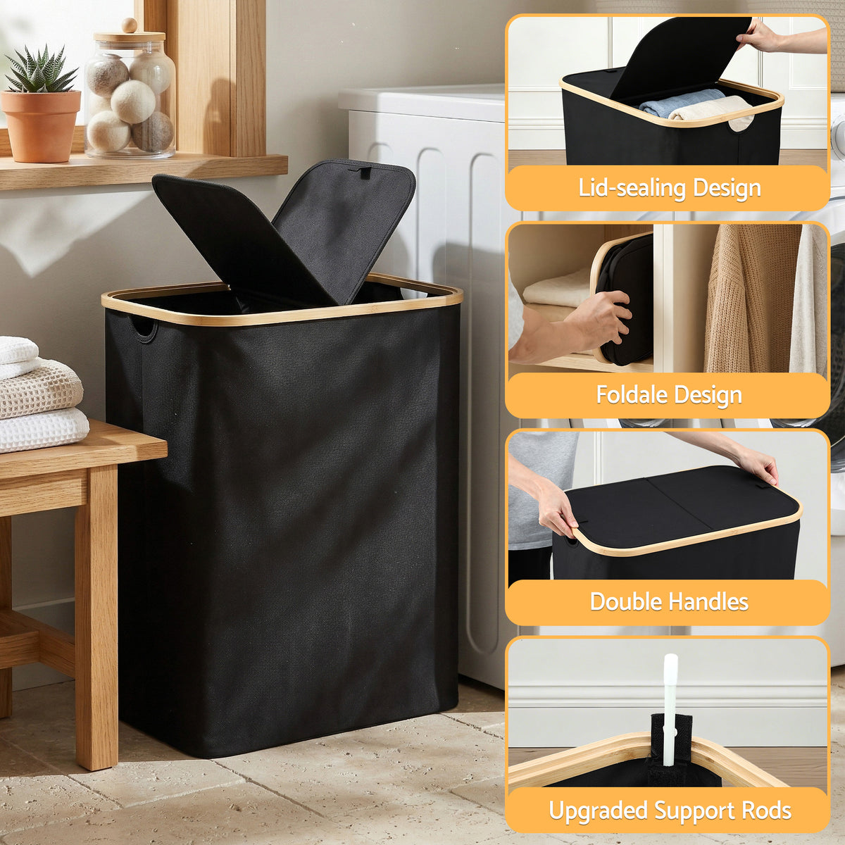Artiss 2 Sections Laundry Basket with Removable Bags Foldable Black