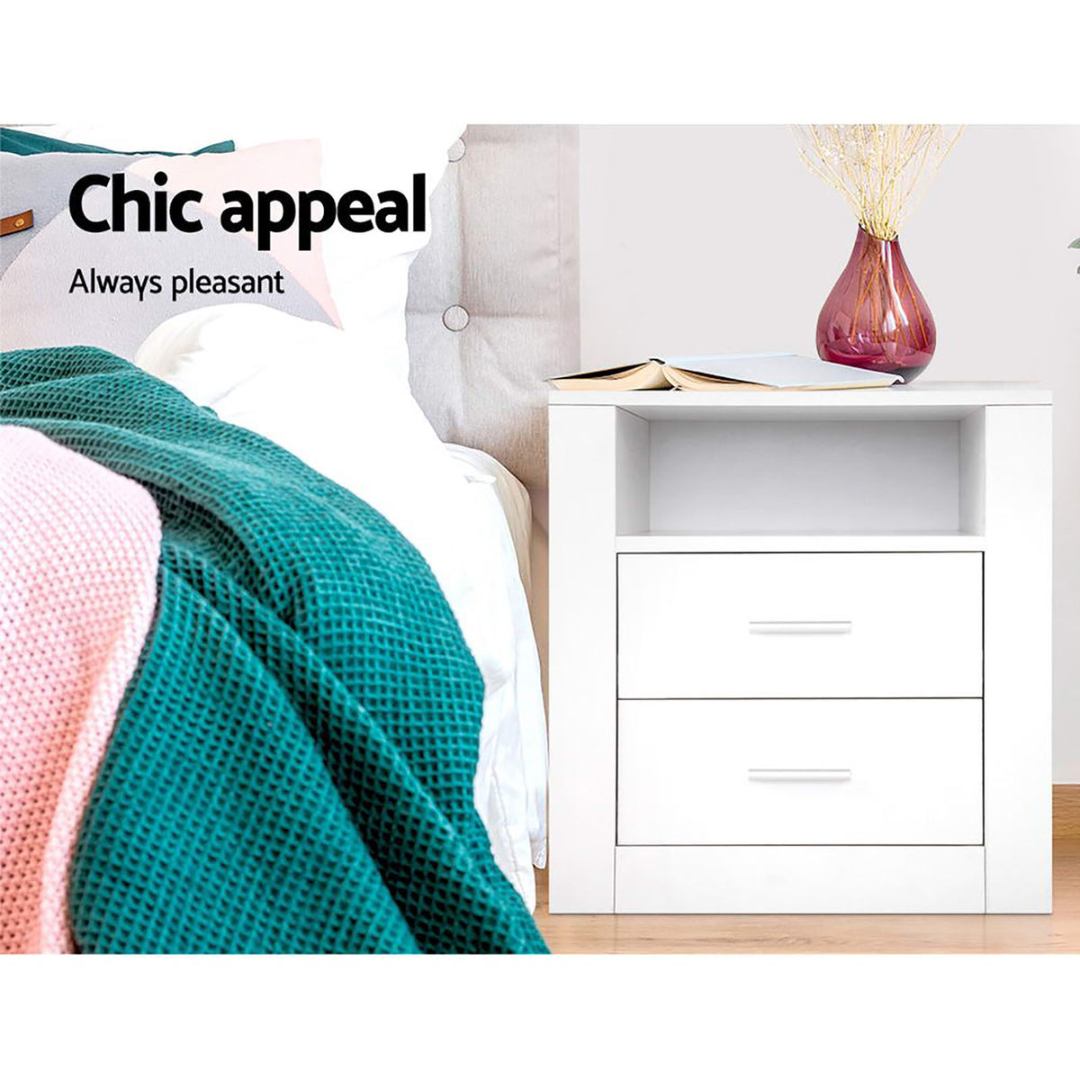 Artiss 2 X Bedside Table 2 Drawers with Shelf - TARA White