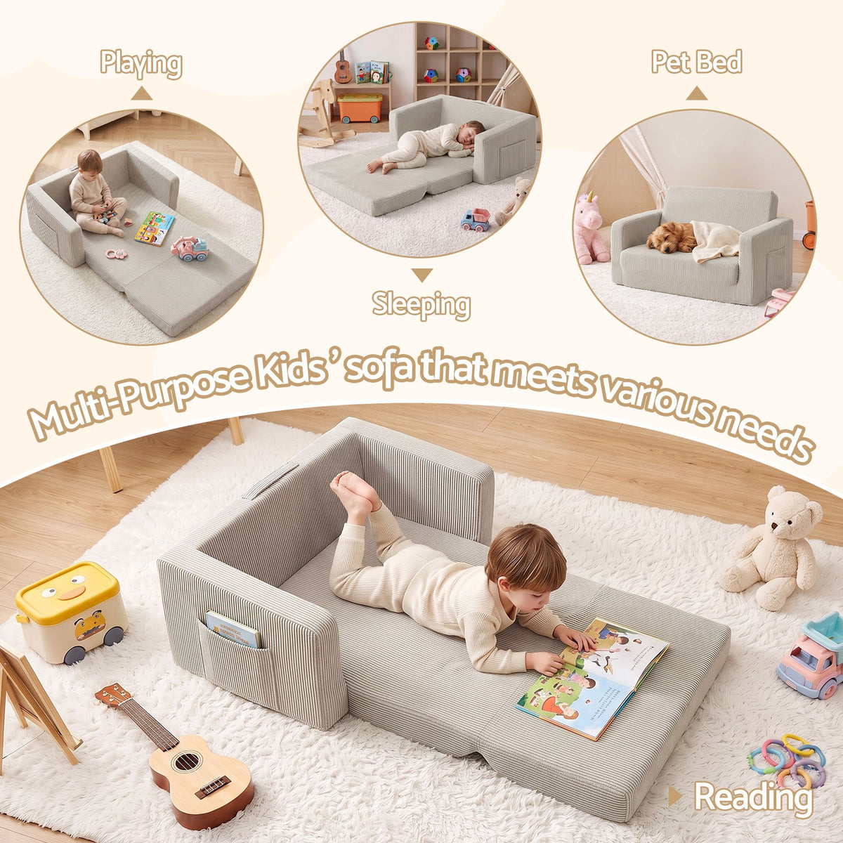 Artiss 2-in-1 Kids Sofa Toddler Foam Couch with Side Pocket Light Grey