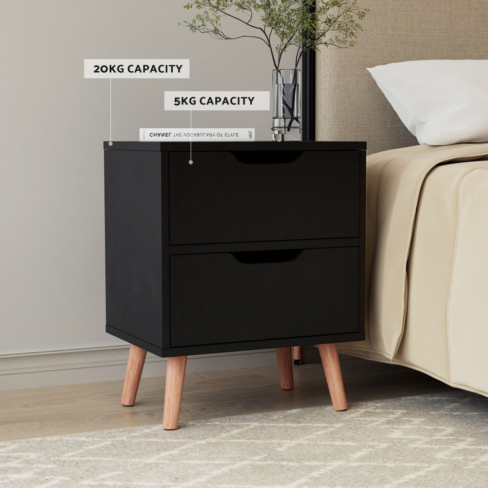Artiss 2 x Bedside Table 2 Drawers - BODEN Black