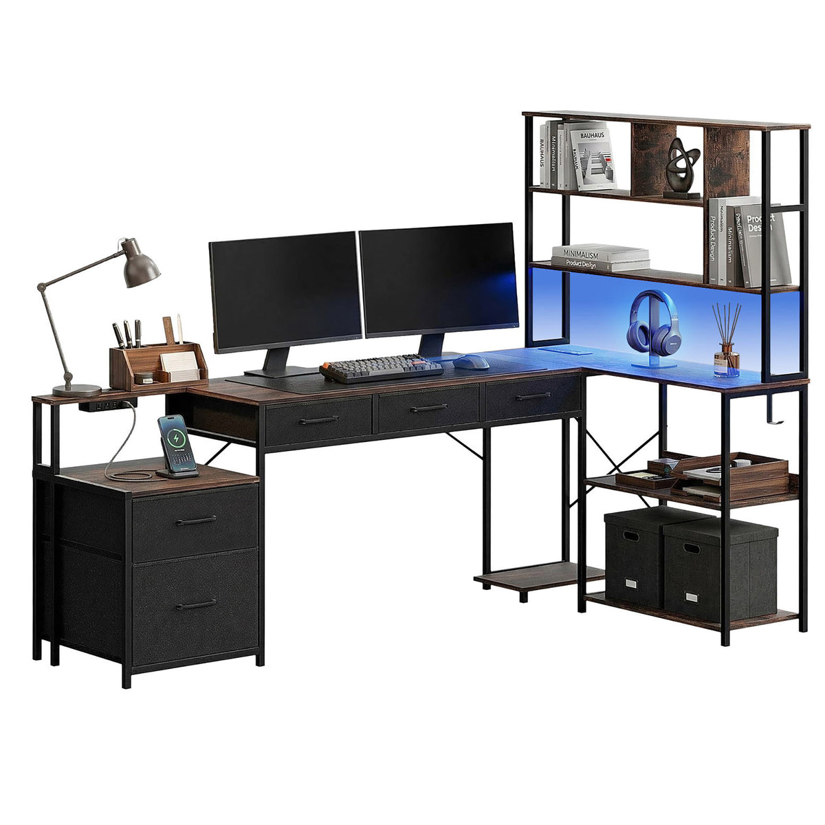 Artiss 200cm L Shaped Gaming Desk Computer Desk with LED Lights & Power Outlets