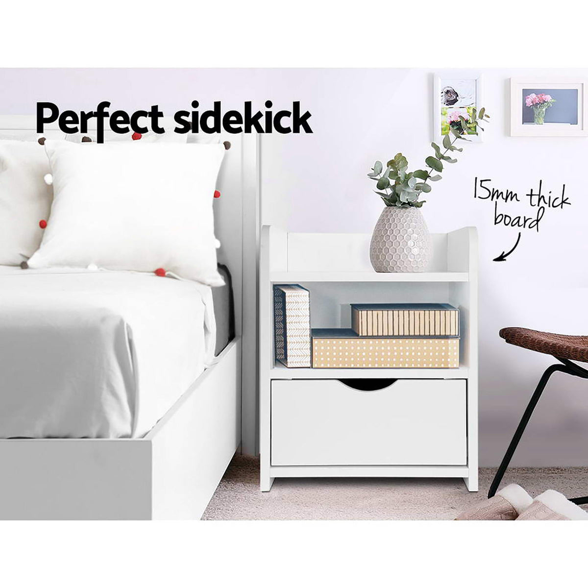 Artiss 2X Bedside Table 1 Drawer with Shelf - FARA White