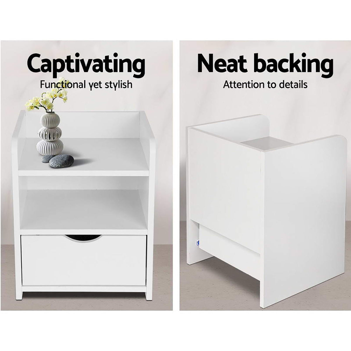Artiss 2X Bedside Table 1 Drawer with Shelf - FARA White