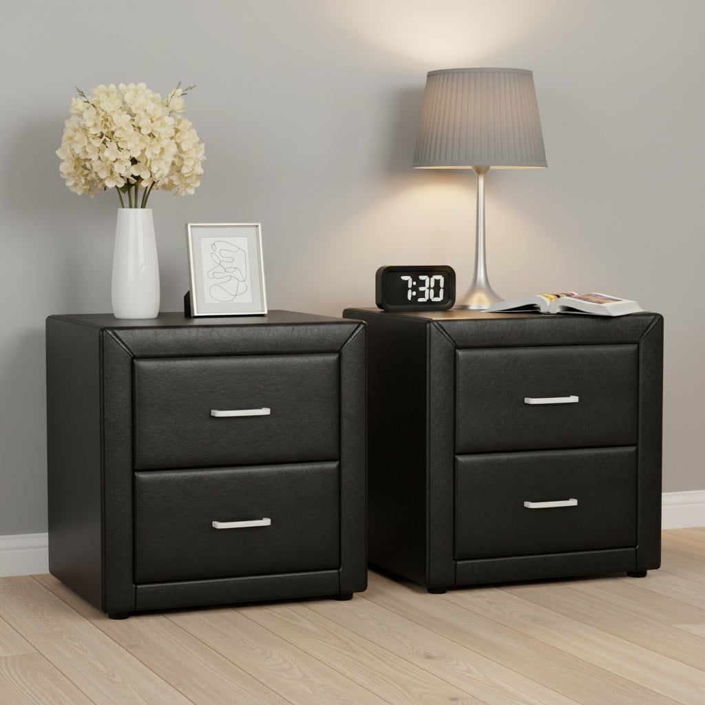Artiss 2X Bedside Table 2 Drawers Side Table Leather - CADEN Black