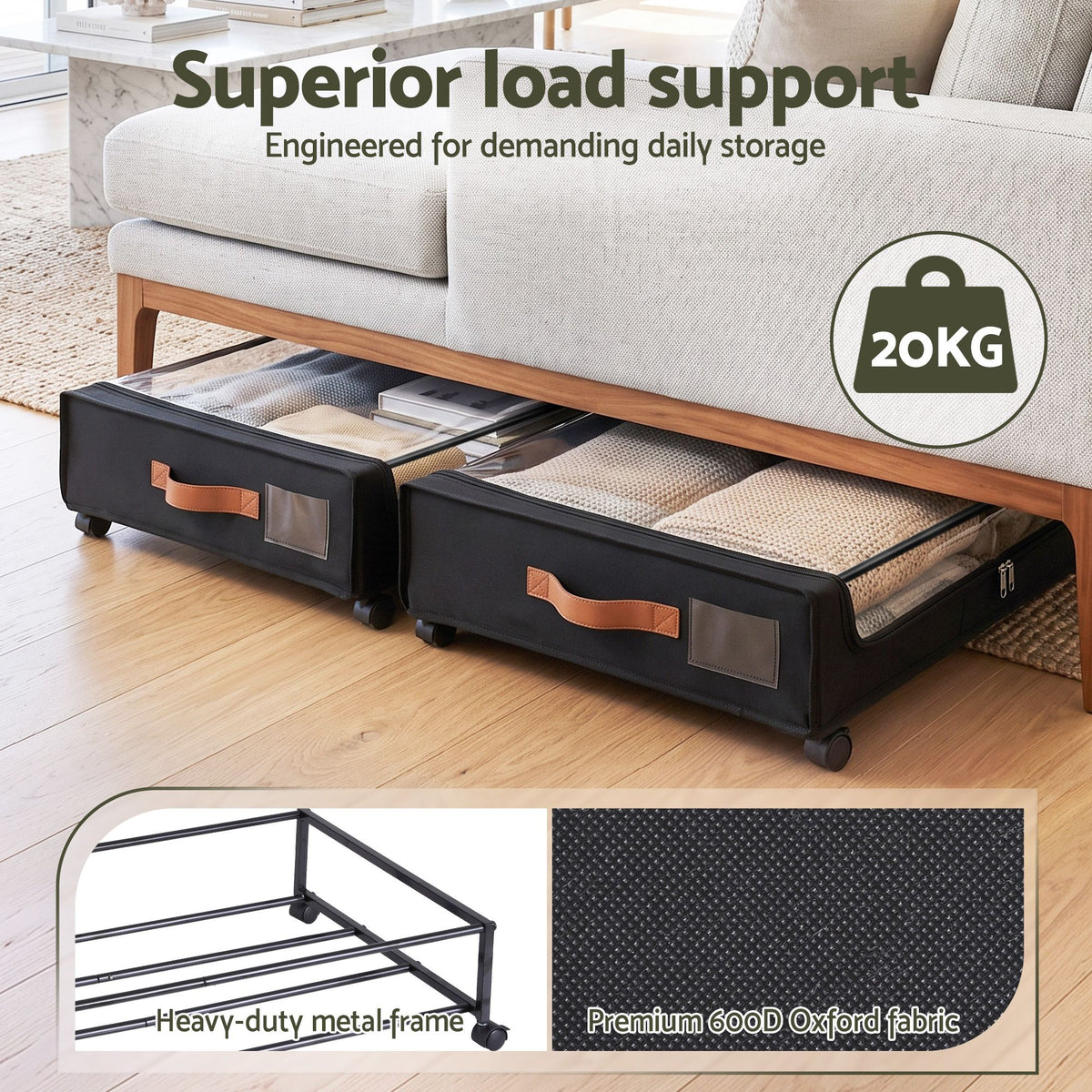 Artiss 2X Under Bed Storage Containers 48L Clothes Organiser Wheels Oxford Black