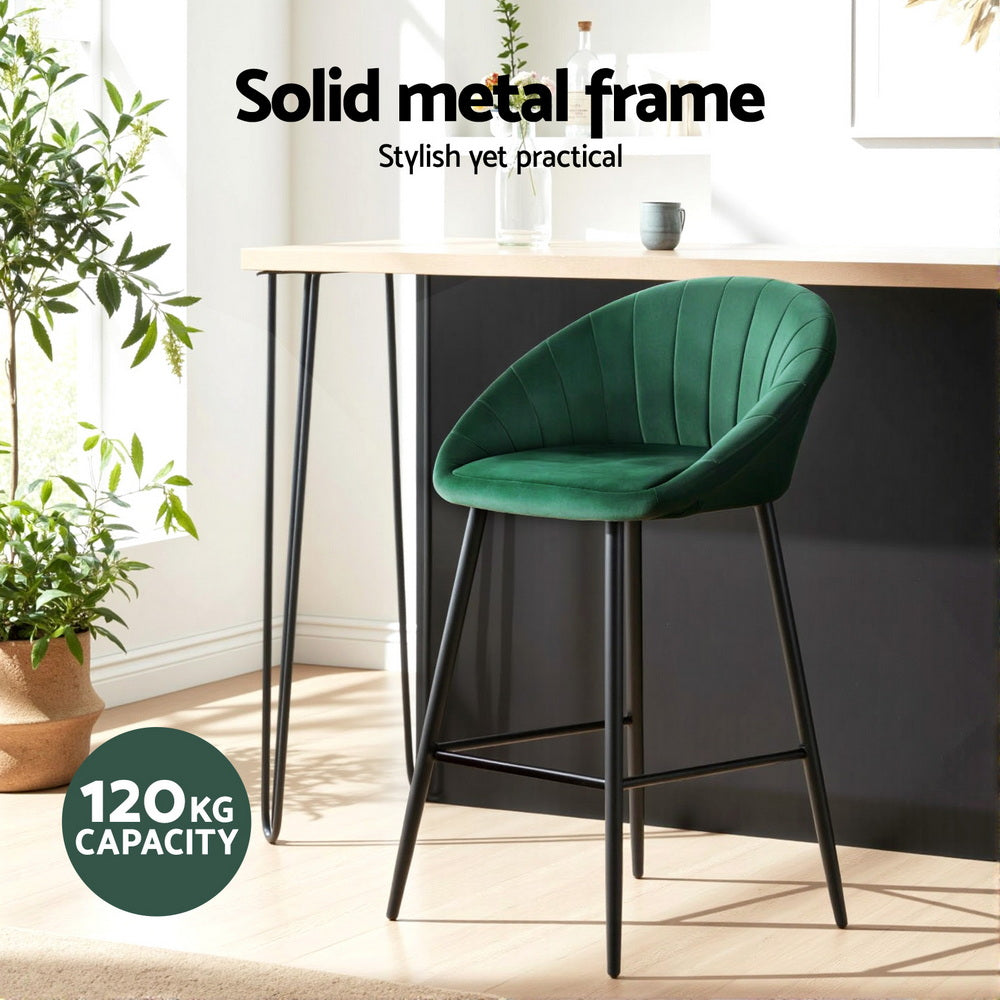 Artiss 2x Bar Stools Kitchen Dining Chair Counter Stool Tub Velvet Metal Green