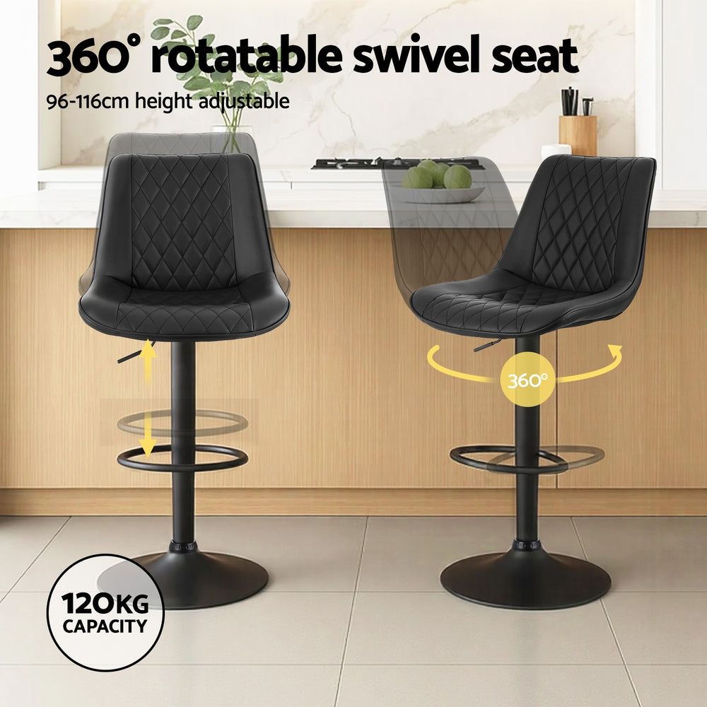 Artiss 2x Bar Stools Kitchen Swivel Gas Lift Counter Chair Diamond Leather Black
