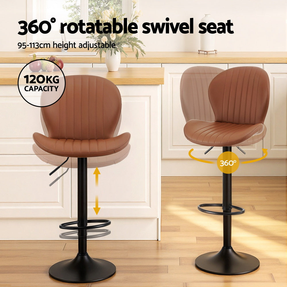 Artiss 2x Bar Stools Kitchen Swivel Gas Lift Counter Chair Shell Leather Brown