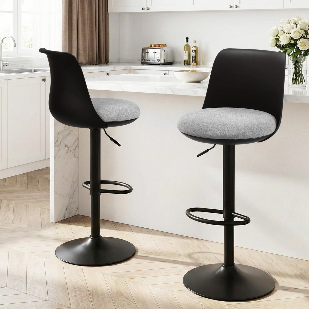 Artiss 2x Bar Stools Kitchen Swivel Gas Lift Counter Dining Chair Curved Black