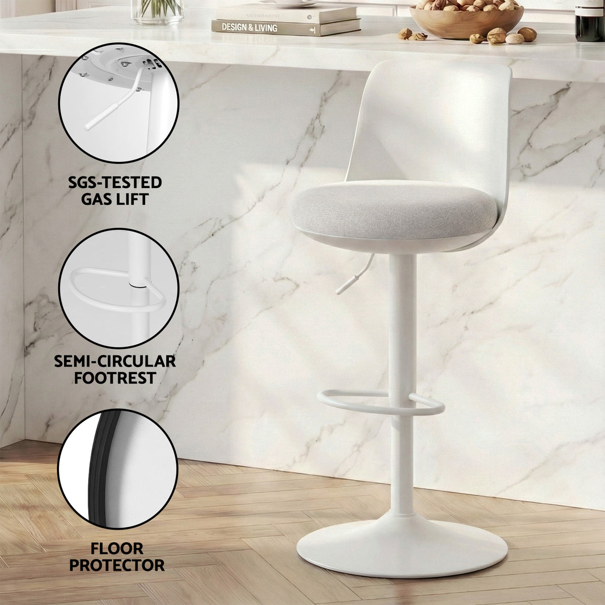 Artiss 2x Bar Stools Kitchen Swivel Gas Lift Counter Dining Chair Curved White