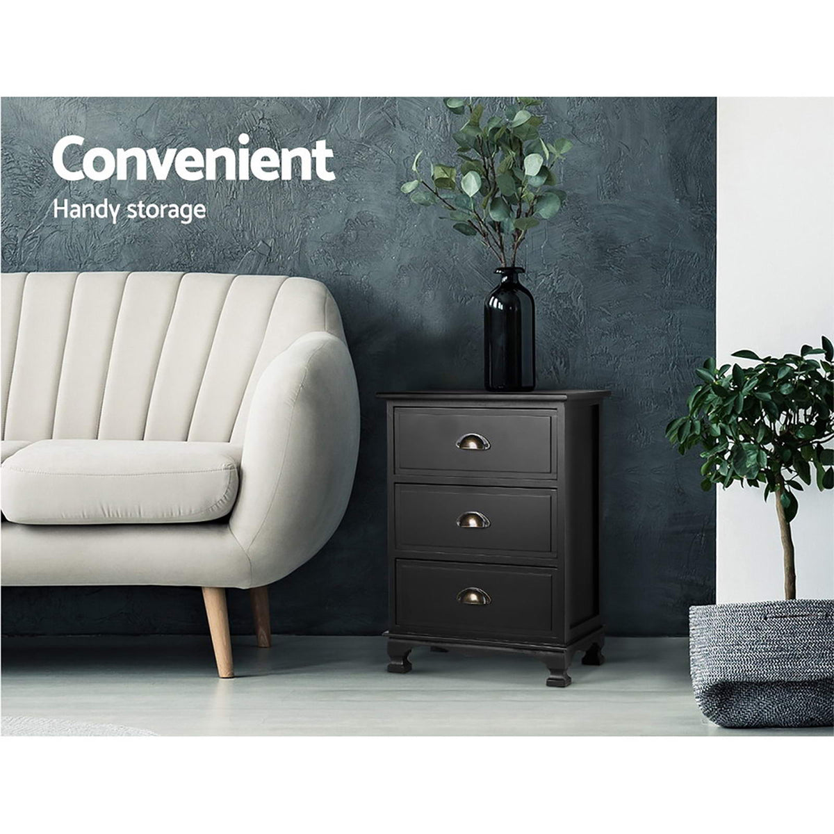 Artiss 2x Bedside Table 3 Drawers Vintage - THYME Black