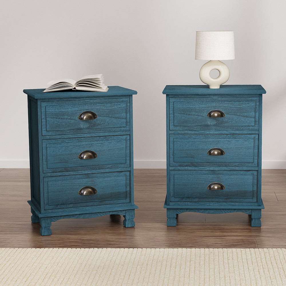 Artiss 2x Bedside Table 3 Drawers Vintage - THYME Blue