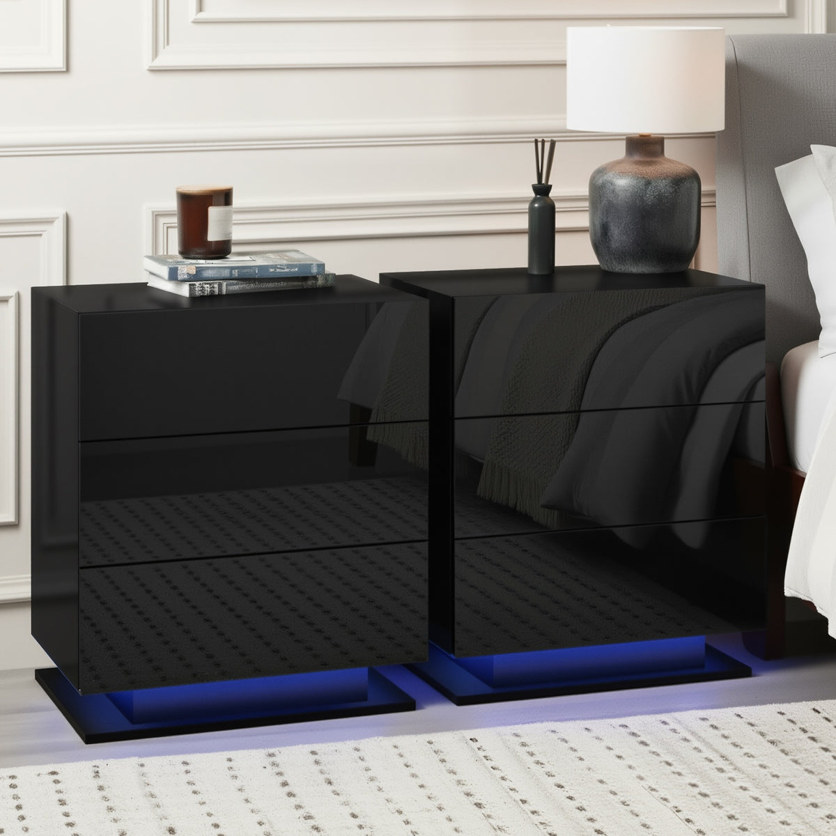 Artiss 2x Bedside Table LED 3 Drawers - MORI Black