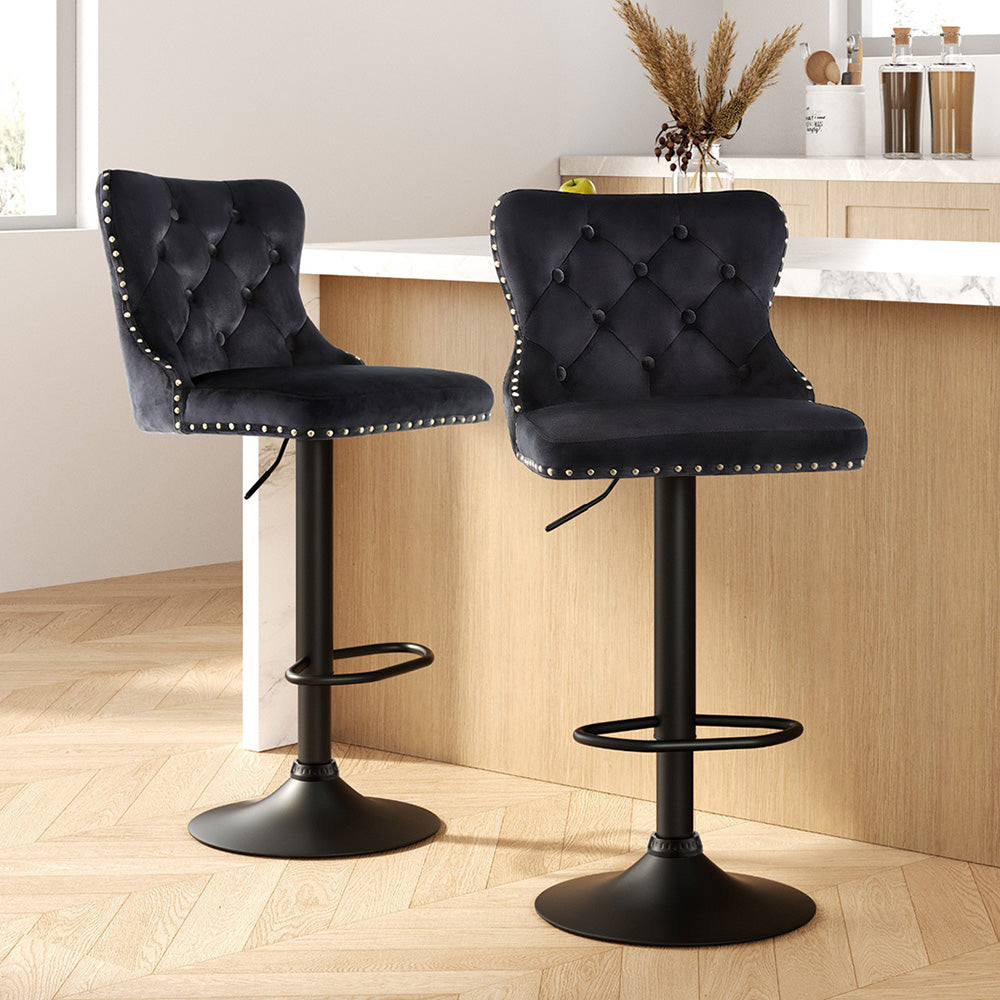 Artiss 2x Velvet Bar Stool Adjustable Height Nailhead Trim Kitchen Counter Stool