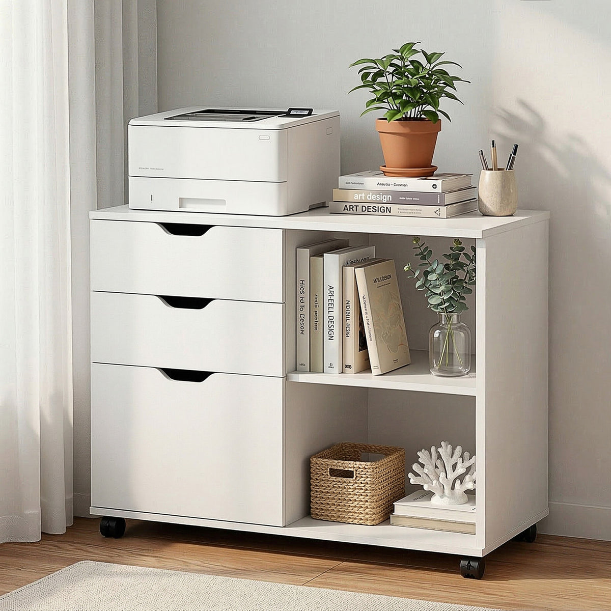 Artiss 3 Drawer Mobile Filing Cabinet Printer Stand Cabinet Home Office Storage White