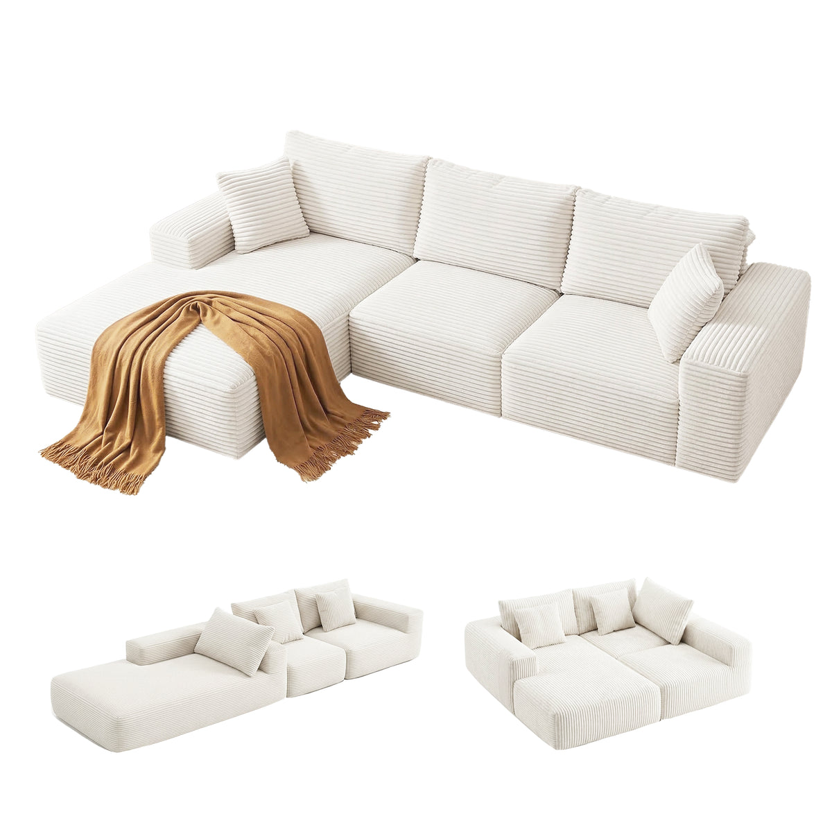 Artiss 3 Seater Modular Sofa Bed Sectional Boneless Couches for Living Room Corduroy Compressed Sofa White
