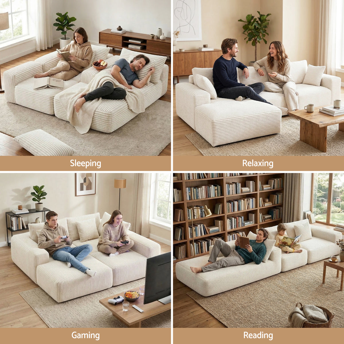 Artiss 3 Seater Modular Sofa Bed Sectional Boneless Couches for Living Room Corduroy Compressed Sofa White