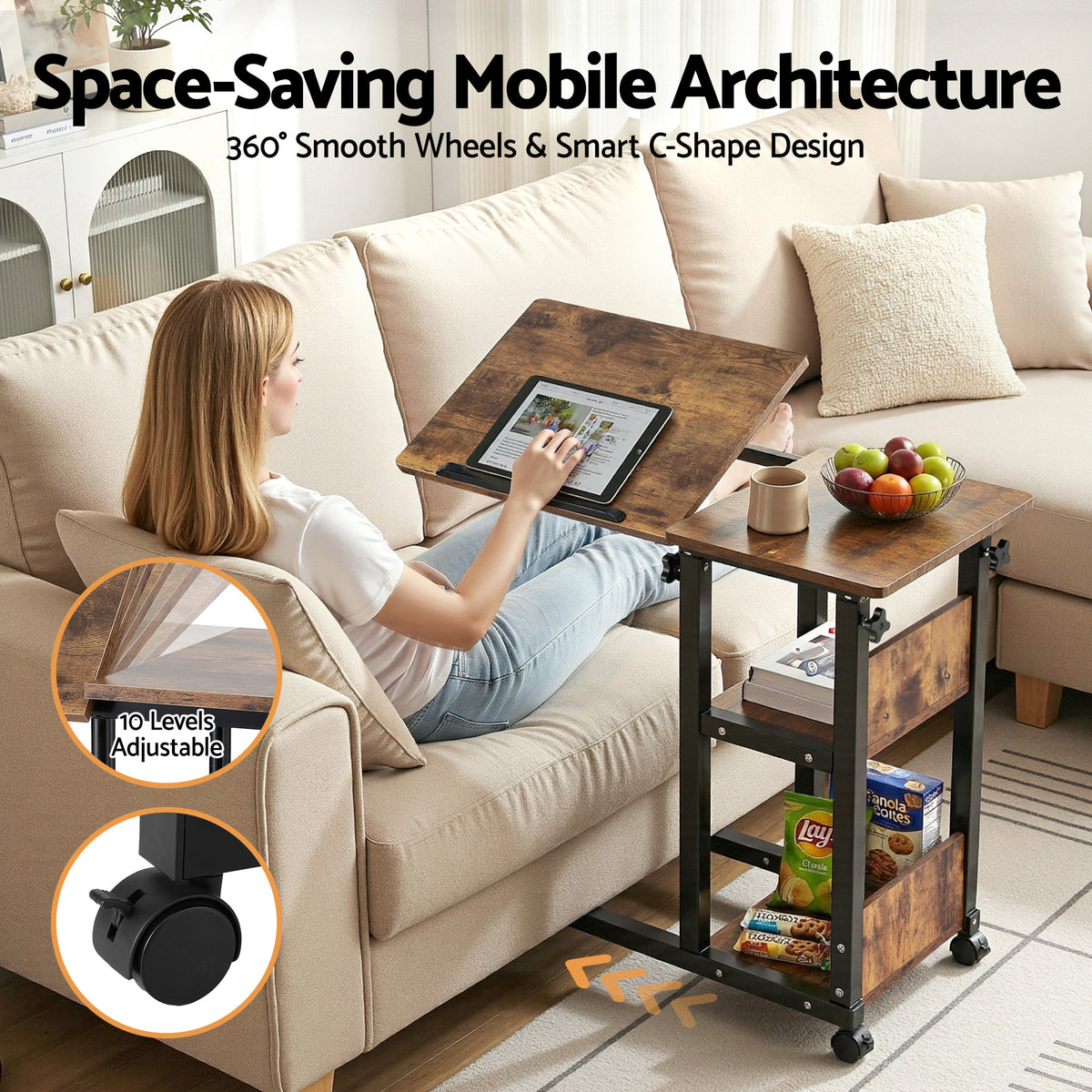 Artiss 3 Tier Adjustable Laptop Desk Tiltable Mobile Side Table Wheels