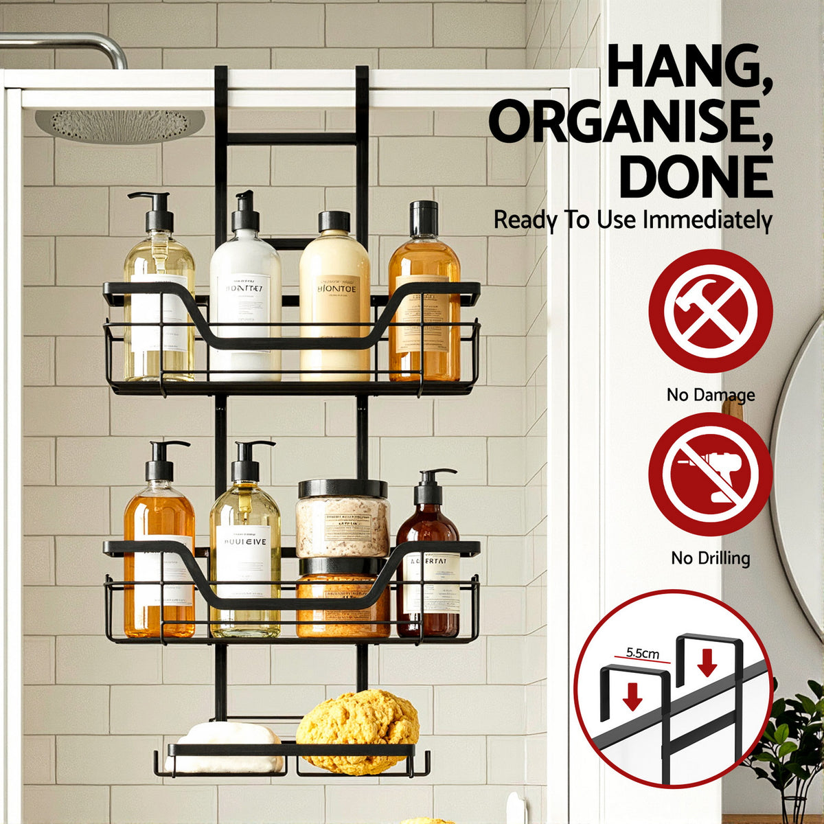 Artiss 3 Tier Over The Door Shower Caddy Hanging Bathroom Storage Organizer