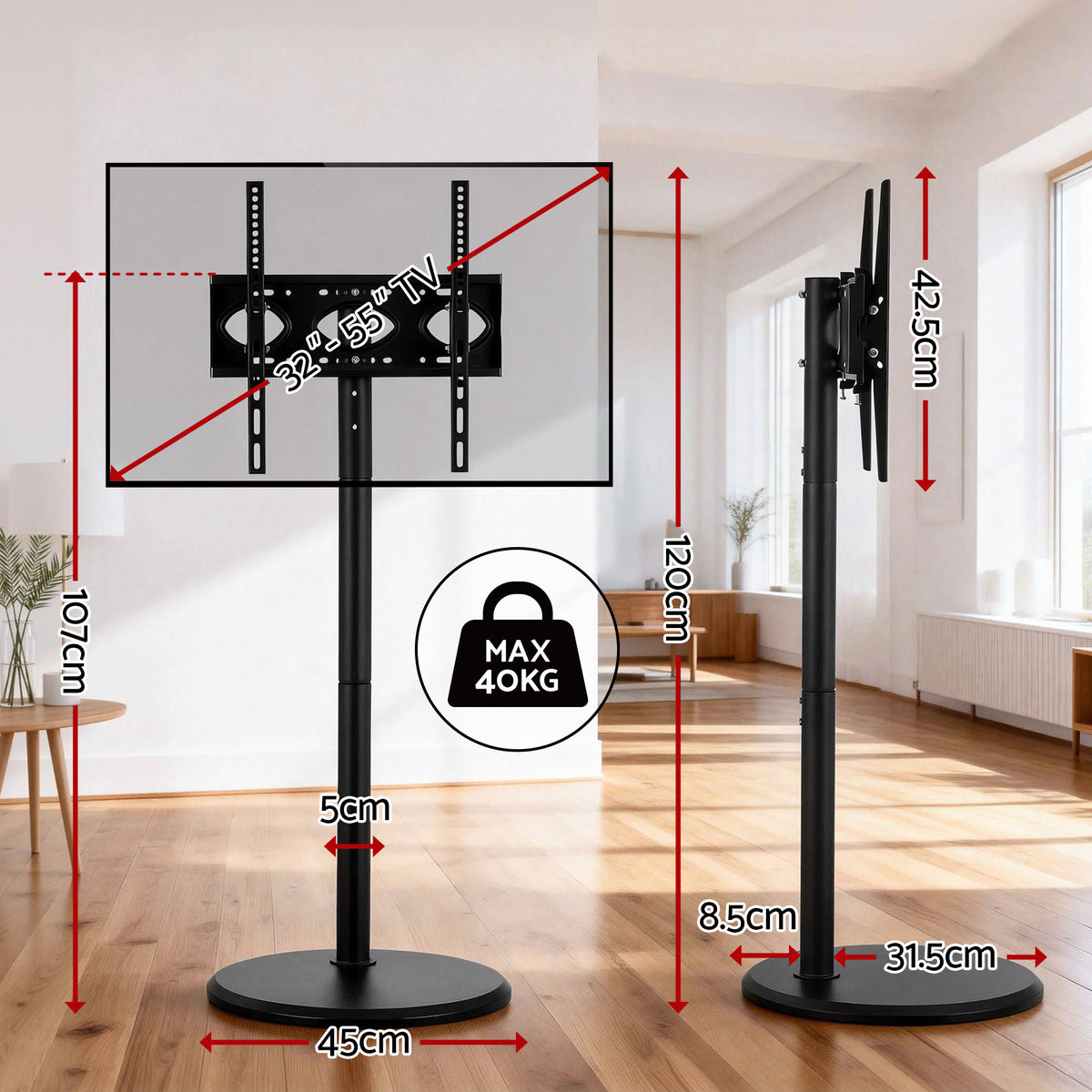 Artiss 32-55 Inch Mobile TV Stand with Wheels Height & Tilt Adjustable Floor Mount