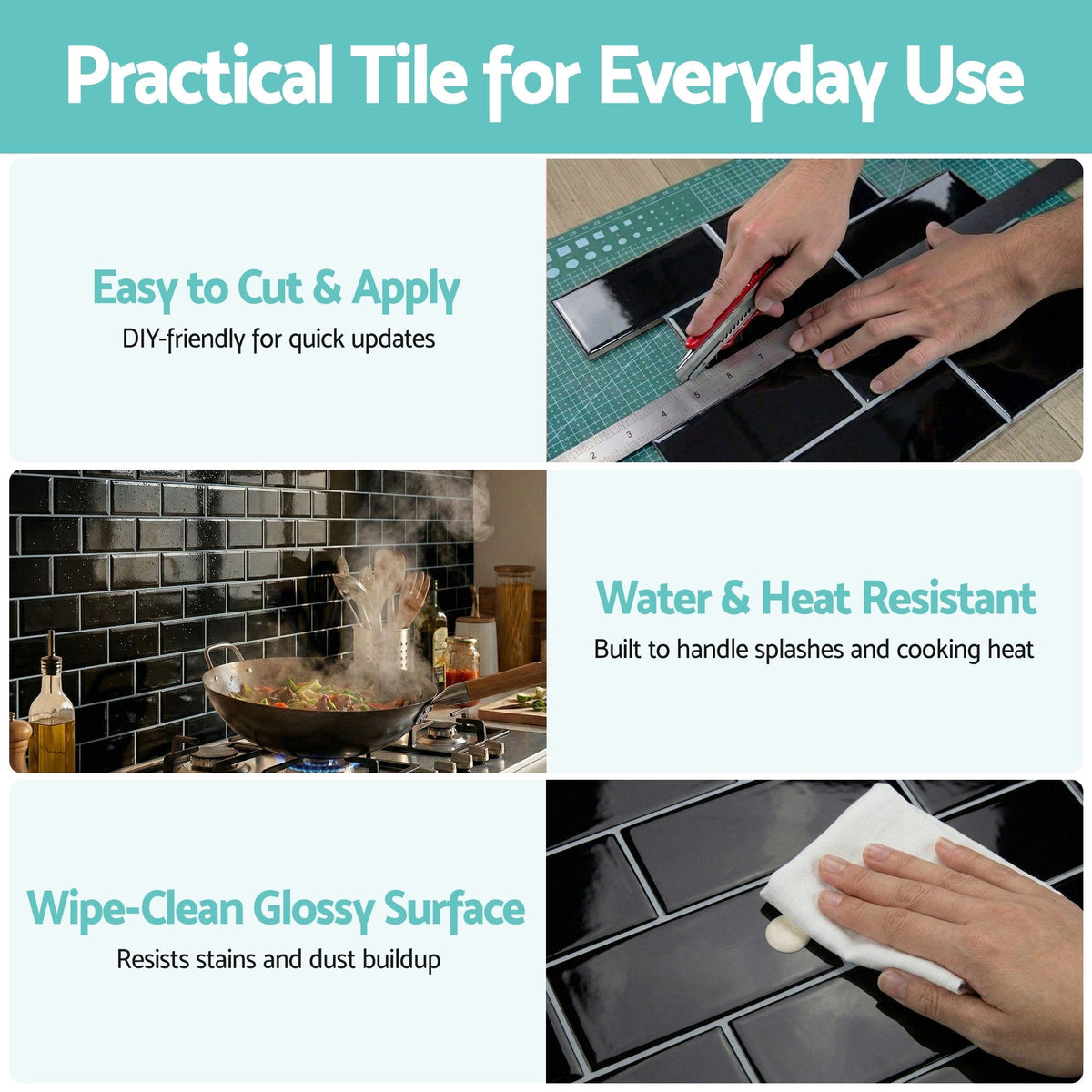 Artiss 3D Peel and Stick Wall Tiles Self Adhesive Subway Backsplash 10 Sheets, Black