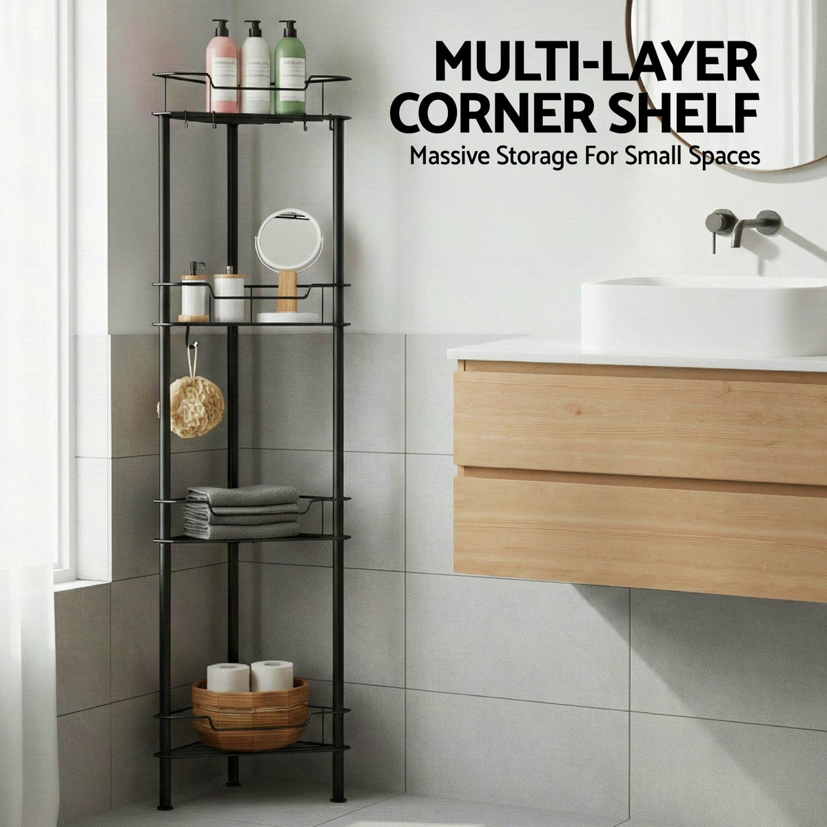 Artiss 4 Tier Floor Standing Corner Shower Caddy Bathroom Organizer Black