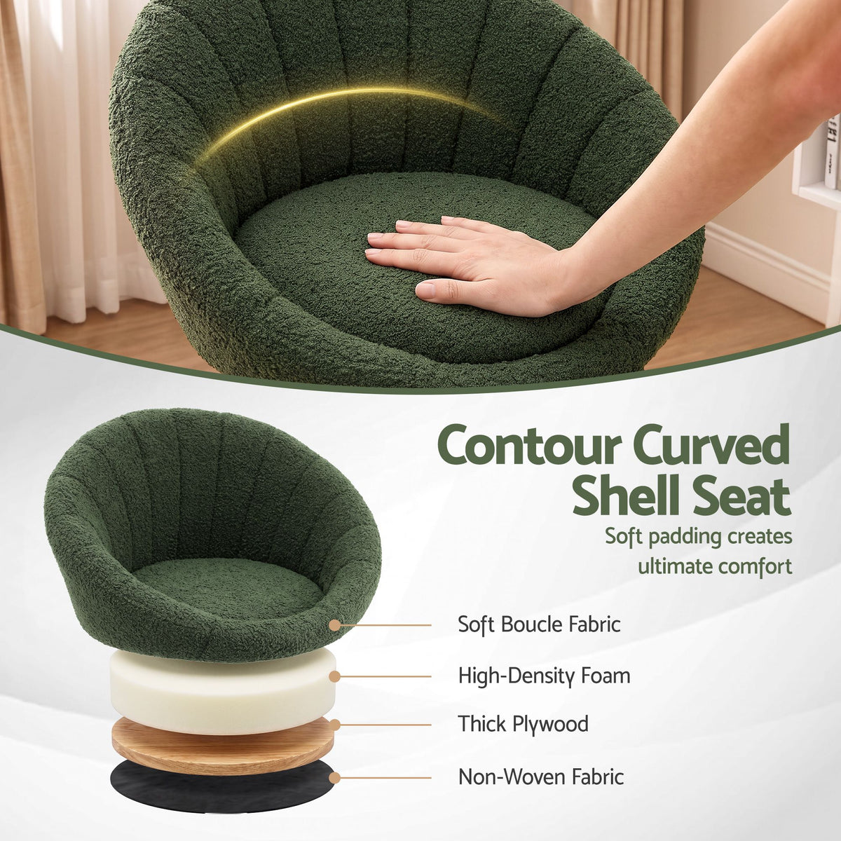 Artiss 4x Bar Stools Kitchen Chairs Gas Lift Adjustable Round Shell Boucle Green