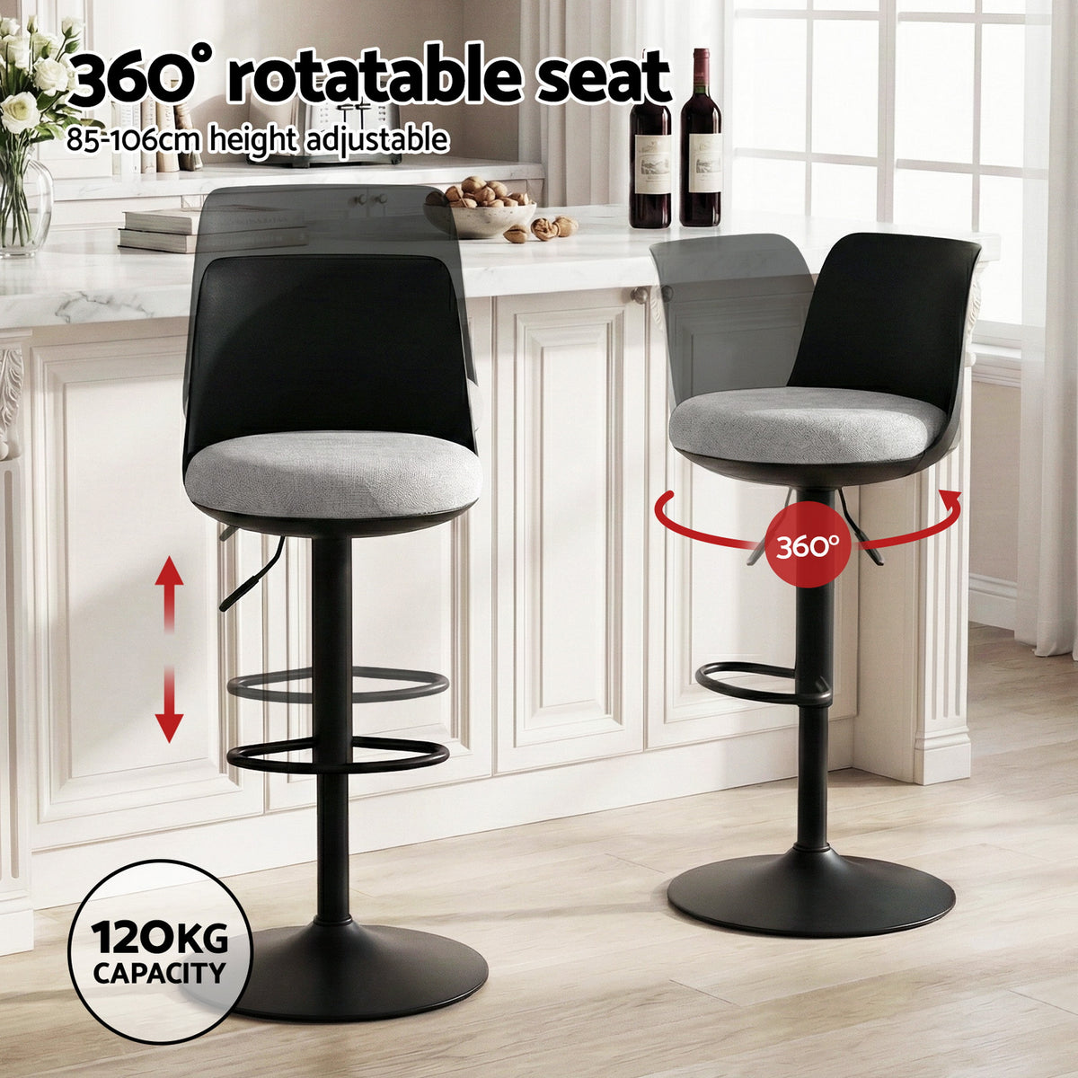 Artiss 4x Bar Stools Kitchen Swivel Gas Lift Counter Dining Chair Curved Black