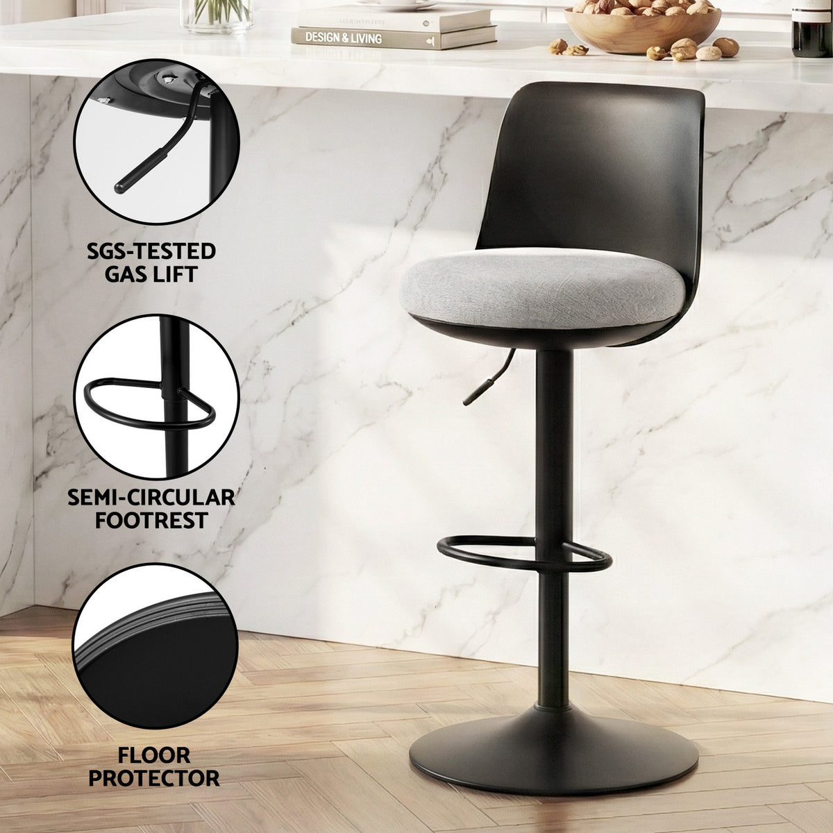 Artiss 4x Bar Stools Kitchen Swivel Gas Lift Counter Dining Chair Curved Black