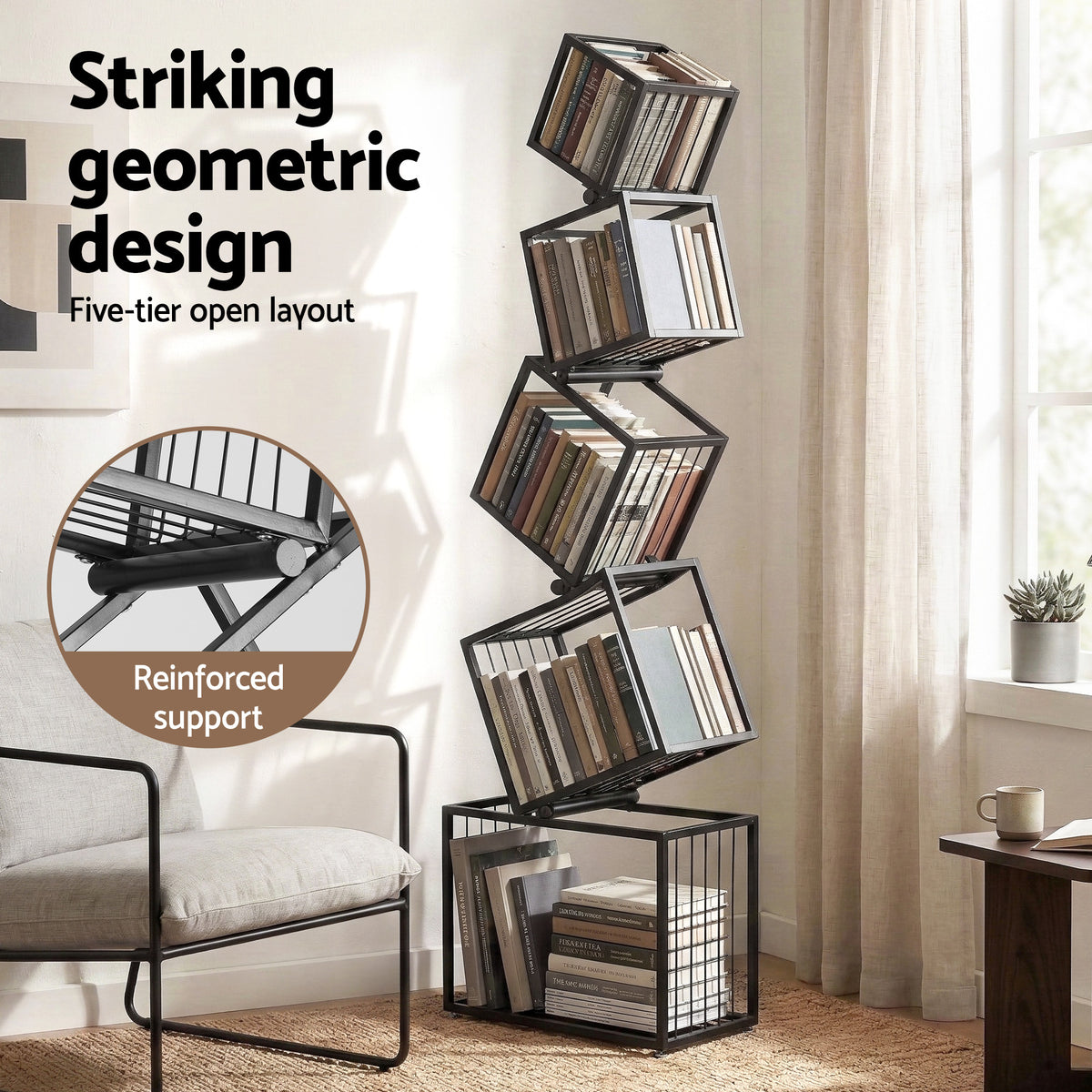 Artiss 5-Tier Bookshelf Metal Geometric Display Shelf Storage Organizer Black