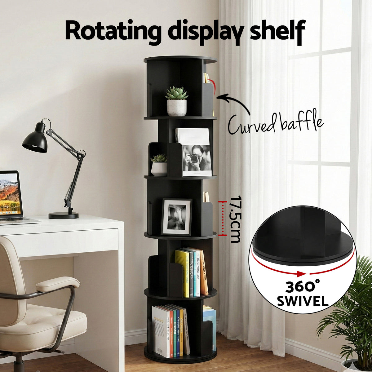 Artiss 5 Tiers Bookshelf Swivel Bookcase Display Shelves Stand Round Black