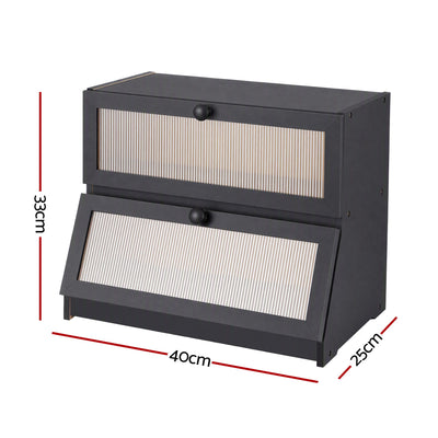 Artiss Bamboo Bread Box 2-Tier Kitchen Countertop Storage 40cm Black
