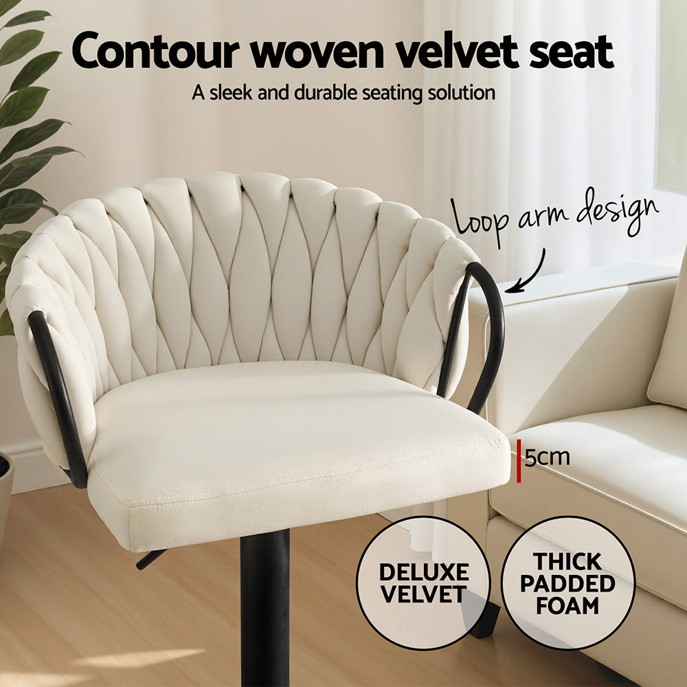Artiss Bar Stool x2 Kitchen Dining Chair Counter Gaslift Woven Velvet Ivory
