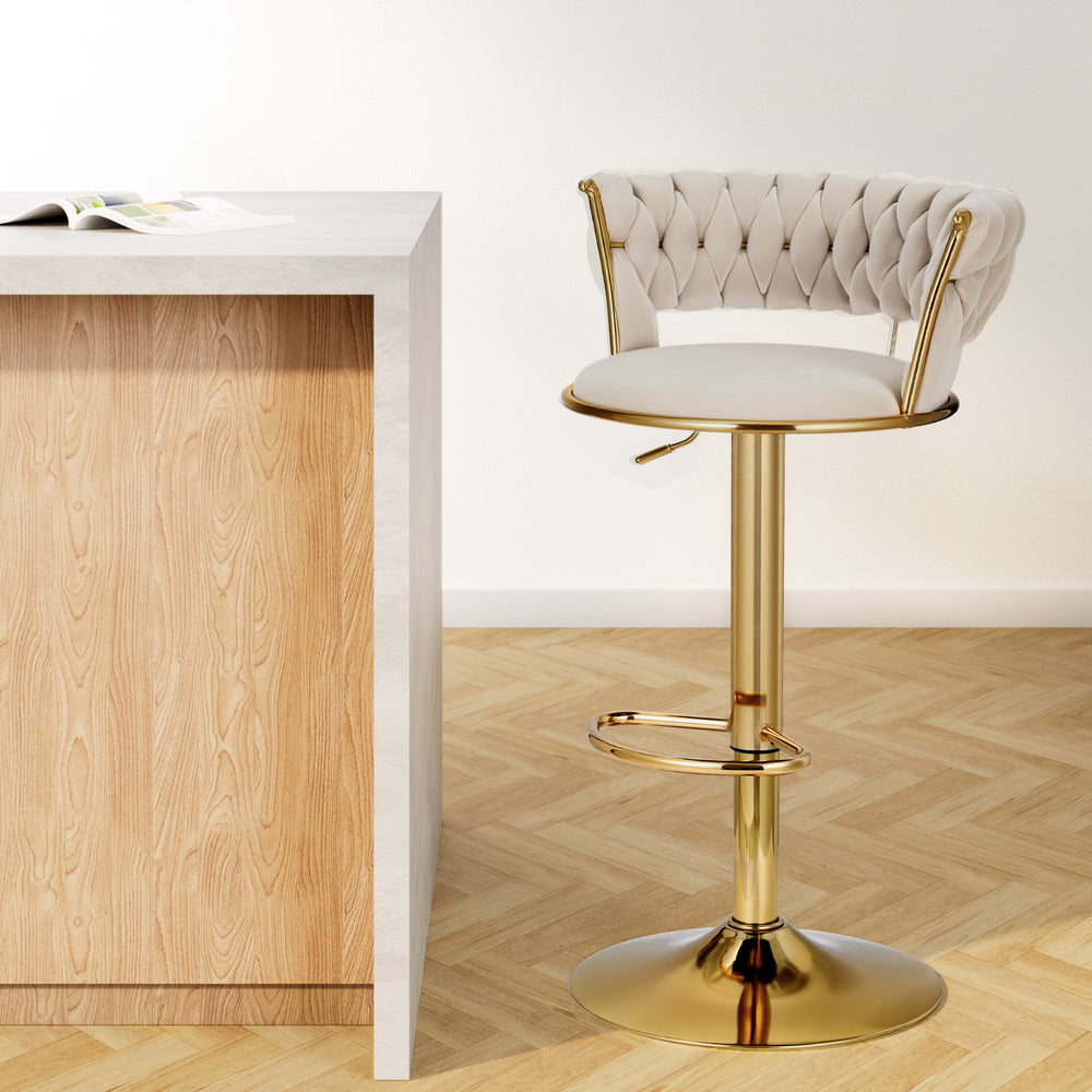 Artiss Bar Stools Gas Lift Velvet Woven Backrest Ivory