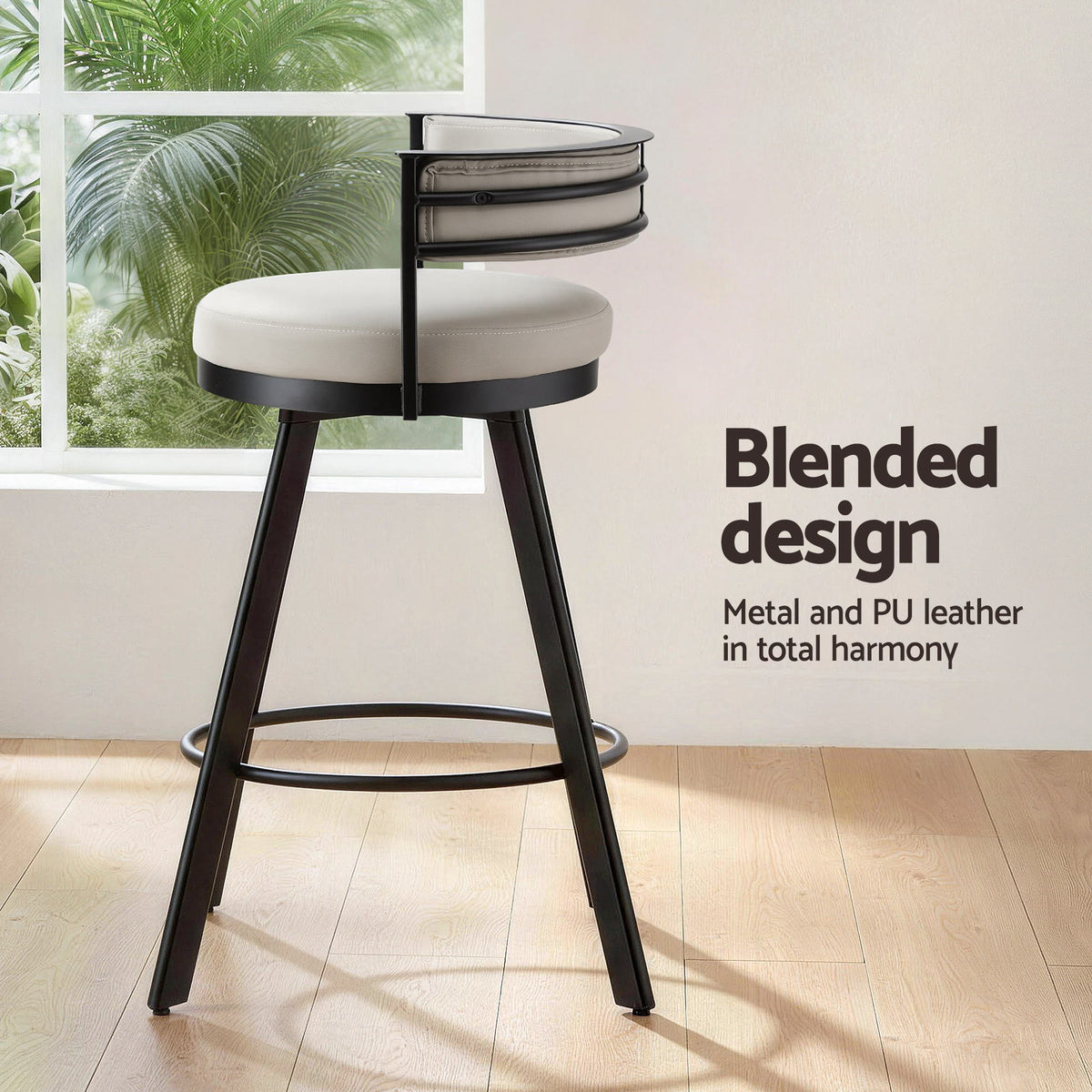 Artiss Bar Stools Set of 2 Swivel Kitchen Chair Metal Counter Beige Leather