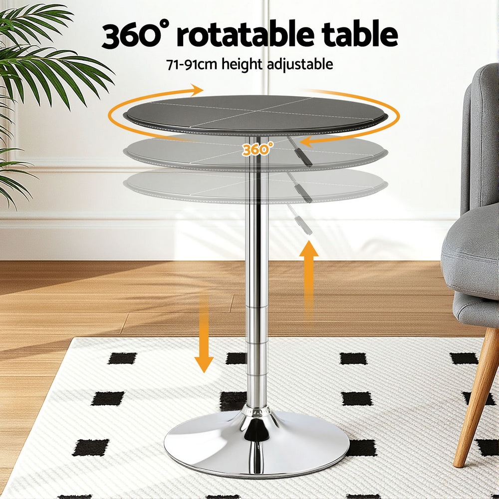 Artiss Bar Table Round Swivel Height Adjustable 62cm Modern PVC Leather Black