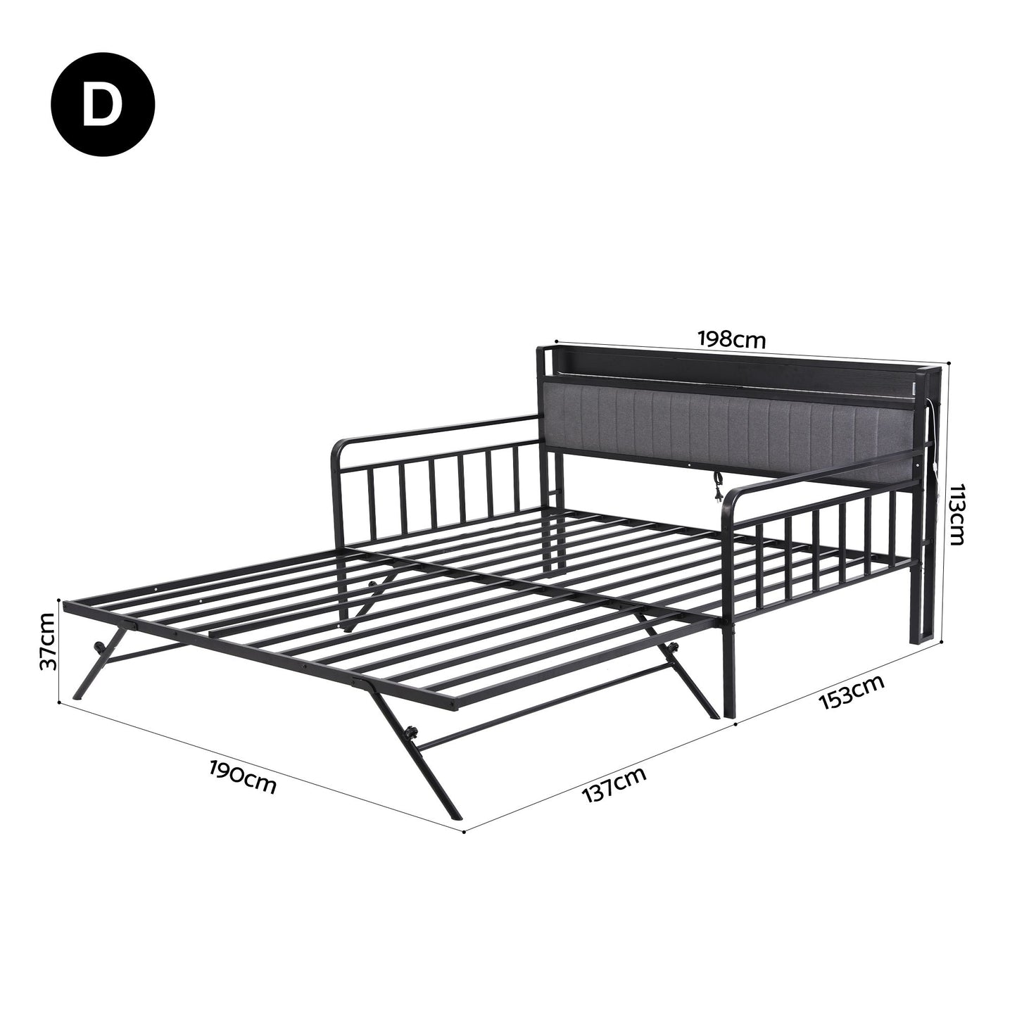 Artiss Bed Frame Double LED Metal Trundle Daybed with Charging Station TURN